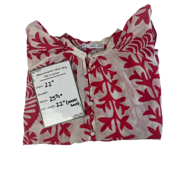 Mango MNG Red Floral Cotton Blouse Coastal Puff Sleeve Top Size 4 - Picture 3 of 10
